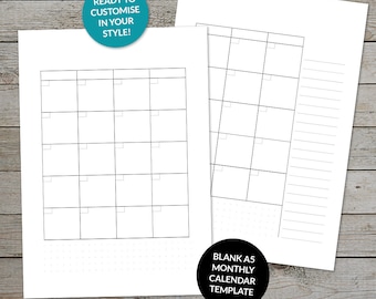 May include: Two blank A5 monthly calendar templates. The first template has a grid layout with dotted lines. The second template has a grid layout with a lined section on the right side. The text "BLANK A5 MONTHLY CALENDAR TEMPLATE" is printed on the second template.