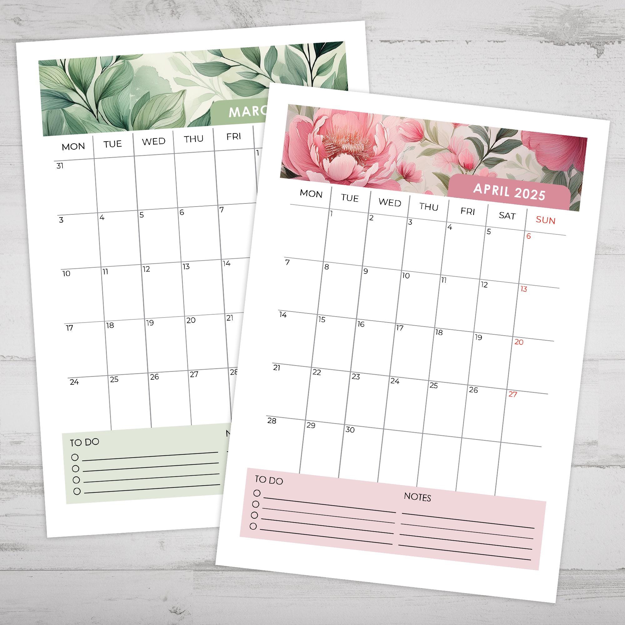 2025 Watercolor Floral Monthly Calendar A5 | Printable Digital Calendar ...