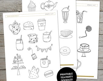 Printable Tea Party Drawings - Creative Journaling Drawing Prompts - Tea Party Doodles - Tea Illustrations -Printable Stickers