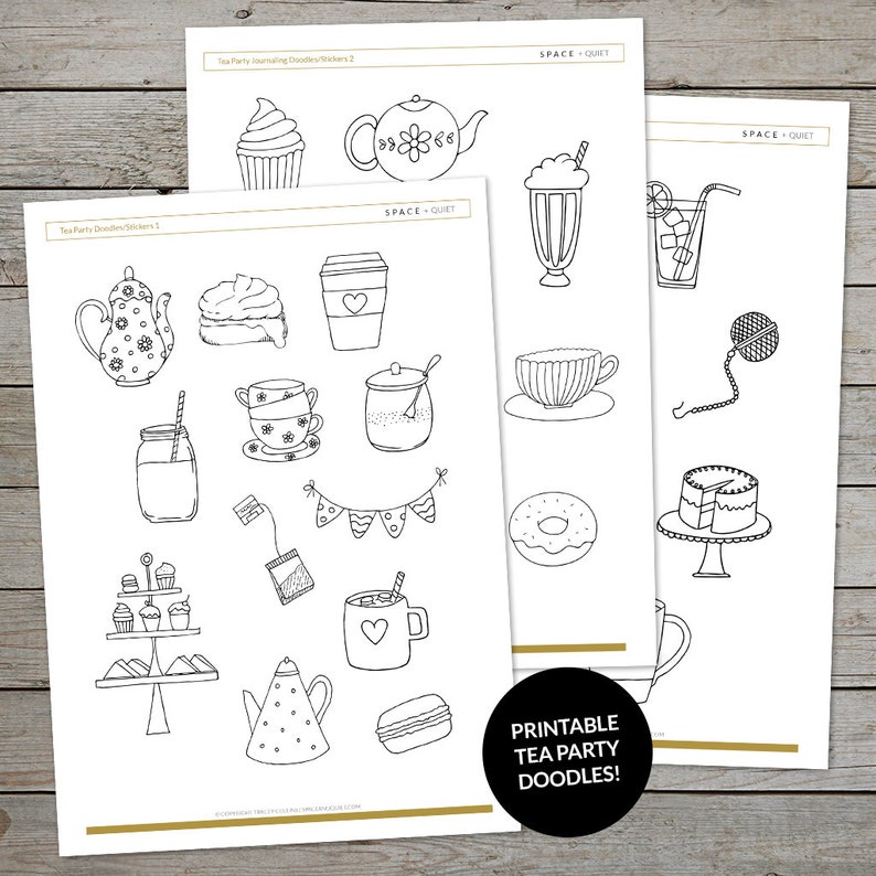 Printable Tea Party Drawings - Bullet Journal Drawing Prompts - Tea Party Doodles - Tea Illustrations - Bullet journal printable stickers