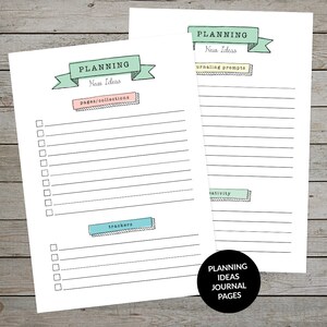 K&ouml;nnte beinhalten: Zwei druckbare Seiten f&uuml;r ein Planungsjournal. Die Seiten sind liniert und haben Abschnitte f&uuml;r "Neue Ideen", "Seiten/Sammlungen", "Tracker", "Journaling-Anregungen" und "Kreativit&auml;t".