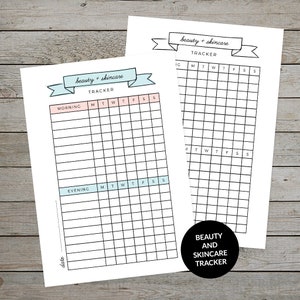 May include: Printable beauty and skincare tracker with a weekly schedule for morning and evening routines. The tracker has a pink and blue color scheme with a banner that says "beauty + skincare tracker".