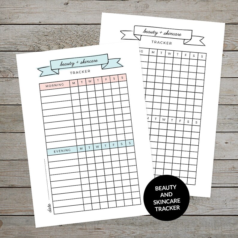 May include: Printable beauty and skincare tracker with a weekly schedule for morning and evening routines. The tracker has a pink and blue color scheme with a banner that says "beauty + skincare tracker".