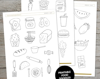 Printable Food Drawings - Creative Journal Drawing Prompts - Food Doodles - Food Illustrations - Printable Stickers