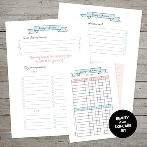 May include: Printable beauty and skincare planner with sections for skincare goals, a tracker for morning and evening routines, and a list for favorite products. The planner has a light blue and pink color scheme with handwritten text.