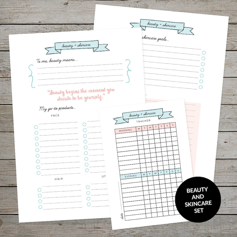May include: Printable beauty and skincare planner with sections for skincare goals, a tracker for morning and evening routines, and a list for favorite products. The planner has a light blue and pink color scheme with handwritten text.