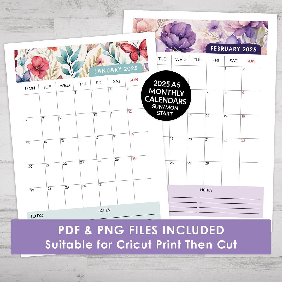 2025 Watercolor Floral Monthly Calendar A5 | Printable Digital Calendar ...