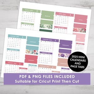 2025 Mini-Monatskalender, Monatliches Journal, Seite Tabs, Monatliches Deckblatt | Aquarell Blumen | Druckbare Planer Aufkleber | Cricut Druck & Schnitt
