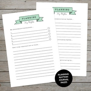 K&ouml;nnte beinhalten: Zwei druckbare Seiten f&uuml;r einen Planungs- und Journal-Rhythmus. Die Seiten haben ein gr&uuml;nes Banner mit dem Text "Planning My Rhythm". Die Seiten haben Linien zum Schreiben und Kontrollk&auml;stchen.