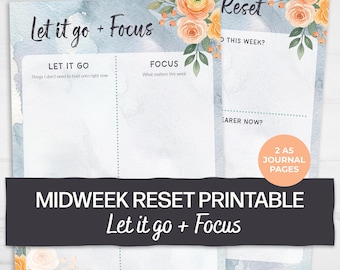 May include: Two A5 journal pages with a watercolor background. The pages are titled "Let it go + Focus" and "Midweek Reset Printable". Floral accents in peach and green adorn the top corners. The text includes prompts for reflection and goal setting.