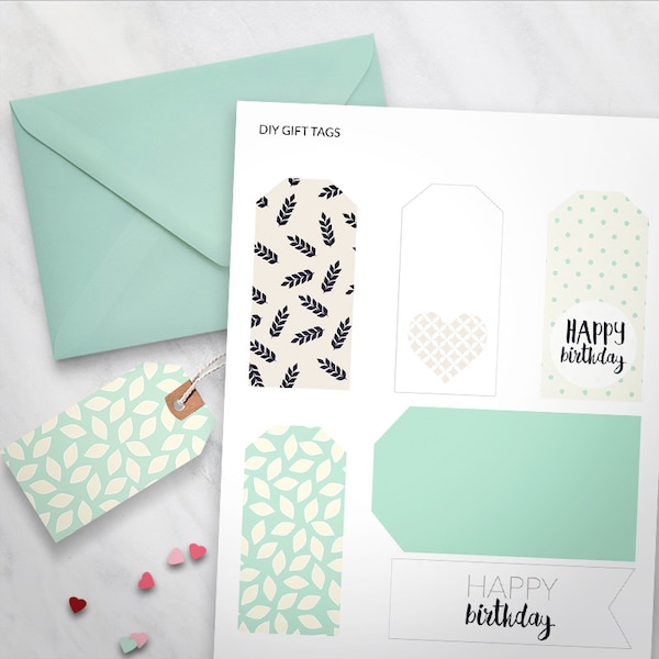 Printable Gift Tags set of 6 - Happy Birthday tags, Mint Dots Design, gift wrapping, Birthday gift tags, printable swing tags