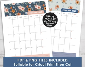May include: Two A5 monthly calendar pages for January and February 2027. The January page features a dark blue floral header, while the February page has a light blue floral header. Both include a grid layout with days of the week and dates.