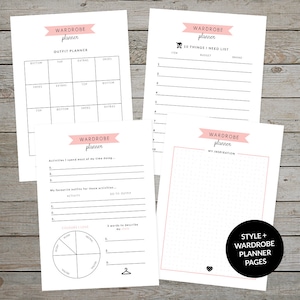 May include: Printable wardrobe planner pages with pink accents. The pages include sections for outfit planning, a 10 things I need list, activities you spend most of your time doing, your favorite outfits for those activities, and a color wheel.