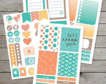 Printable Planner stickers - Erin Condren - Bullet Journal - Orange Brown Aqua - checklist stickers - planner icons - monthly stickers