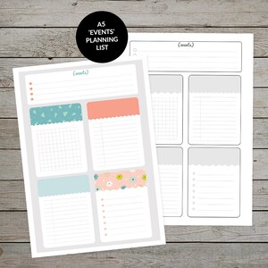 May include: A printable A5 "Events" planning list with sections for listing events, notes, and to-do lists. The list features a variety of colorful patterns and borders.