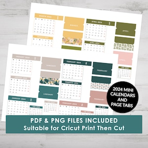 Printable 2024 Mini Calendar Stickers, Page Tabs and Mini Monthly Covers for Journal or Planner, Suitable for Cricut Print Then Cut image 1