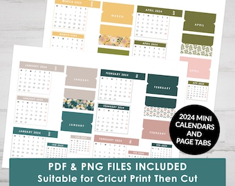 Printable 2024 Mini Calendar Stickers, Page Tabs and Mini Monthly Covers for Journal or Planner, Suitable for Cricut Print Then Cut