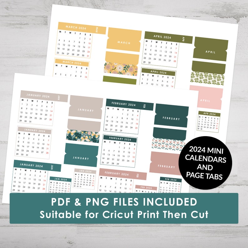 Printable 2024 Mini Calendar Stickers, Page Tabs and Mini Monthly Covers for Journal or Planner, Suitable for Cricut Print Then Cut image 1