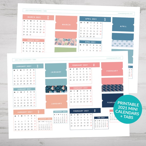 Printable 2021 Mini Calendars Page Tabs Mini Bullet Journal Calendars Floral Page Tabs Calendar Stickers Colourful Pretty By Paper Cotton Love Catch My Party