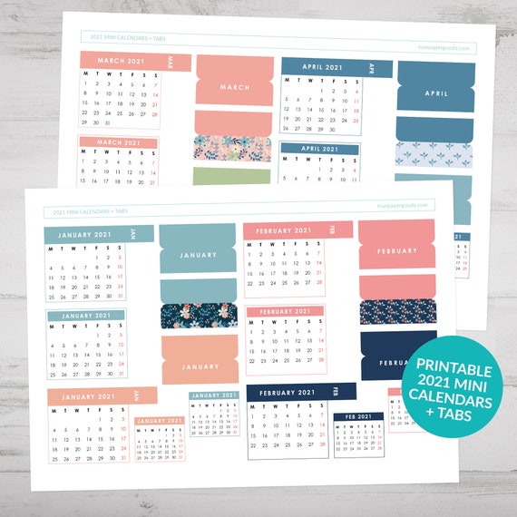 Printable 2021 Mini Calendars Page Tabs Mini Bullet Journal Etsy