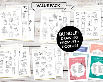 May include: A value pack of printable drawing prompts and doodle sheets. The pack includes prompts for food, stationery, indoor plants, and a variety of doodle sheets with images of clothing, plants, food, and office supplies.