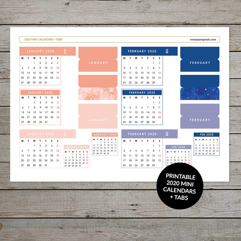 printable 2020 mini calendars page tabs mini bullet