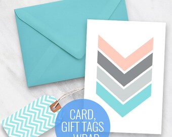Printable Card, Gift Tags and Gift Wrapping Set - Chevron Design - printable greeting card, printable gift tags, printable stationery