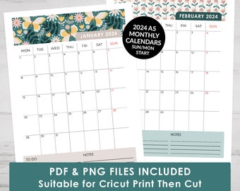 Printable 2024 Monthly Calendar A5 Size, Journal Calendar, Monthly Planner Insert, Suitable for Cricut Print Then Cut