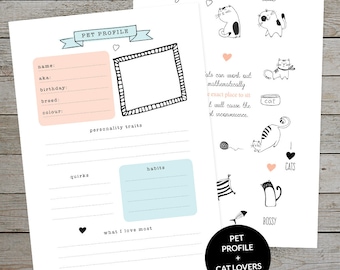 Printable Cat Journal Collection - Pet Profile Page - Cat Journal Page - Cat Stickers - Journal Template - Pet Tracker