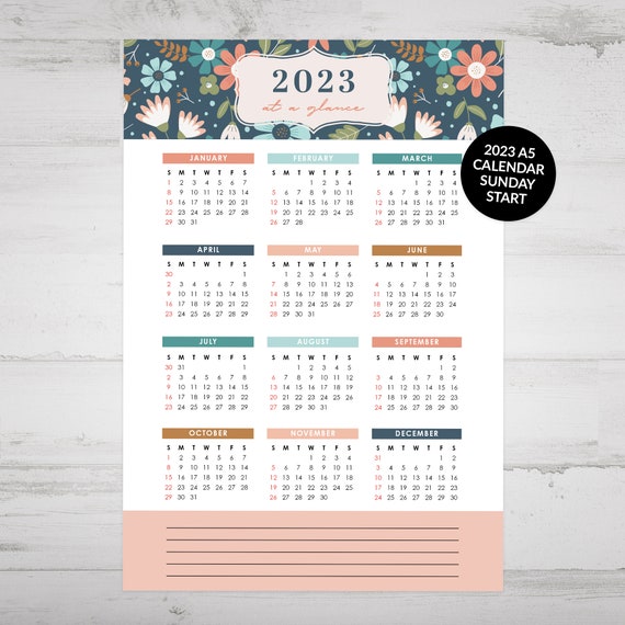 Printable 2023 Calendar, A5 Size, Ideal for Journal or Planner, Year at A Glance Calendar, Suitable for Cricut Print Then Cut - Etsy