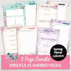 Könnte beinhalten: Ein Set von acht floralen Achtsamkeitsplanungsseiten. Jede Seite hat ein einzigartiges Design mit Platz für Reflexionen, Ideen und wöchentliche Ziele. Die Seiten sind mit Aquarellhintergründen und floralen Akzenten versehen.