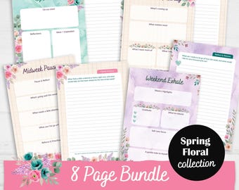 May include: A collection of eight floral-themed mindful planning pages. Each page features a unique design with space for reflections, ideas, and weekly goals. The pages are adorned with watercolor backgrounds and floral accents, perfect for journaling.