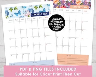 May include: Two A5 monthly calendars for January and February 2026. The January calendar has a blue floral and butterfly design, while the February calendar features a floral design. The calendars include the text "2026 A5 Monthly Calendars Sun/Mon Start".