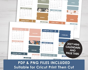 May include: A digital printable sheet featuring 2027 mini calendars and page tabs for January through April. The design includes floral patterns, solid blocks of muted colors, and clear text labels. The sheet is formatted for print and cut projects.
