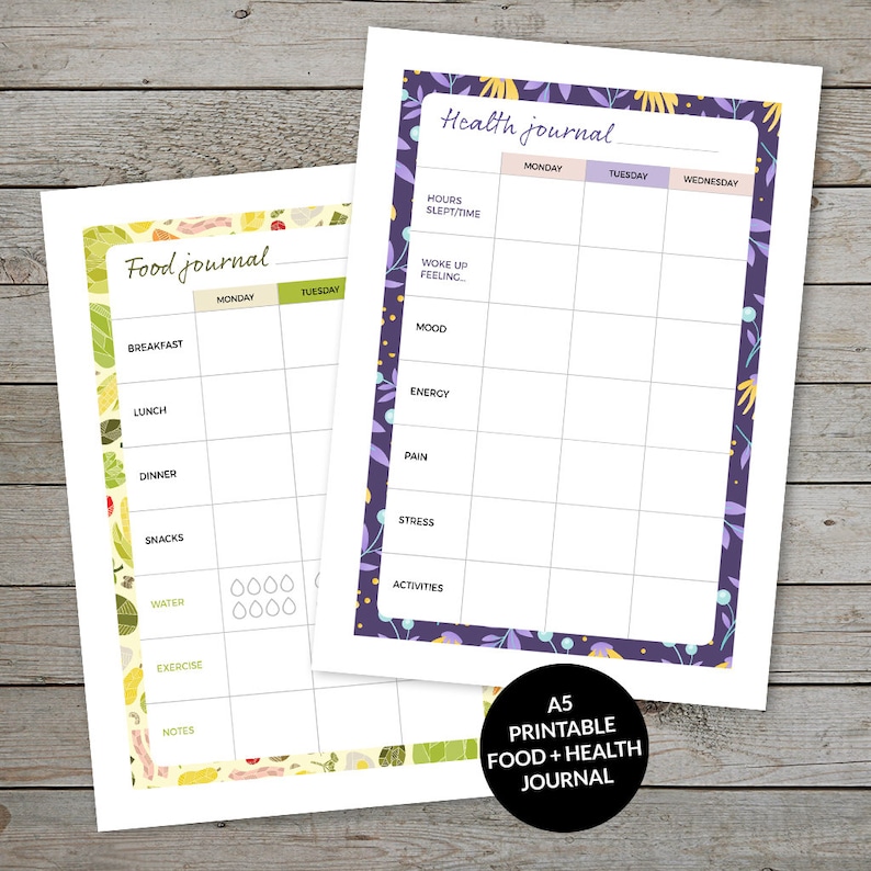 Printable Food Log - Health Journal - Journal Template - Planner Insert - Planner Pages - Diet and Health Tracker image 1
