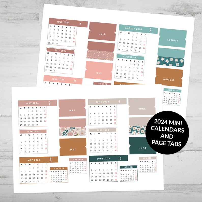 Printable 2024 Mini Calendar Stickers, Page Tabs and Mini Monthly Covers for Journal or Planner, Suitable for Cricut Print Then Cut image 2