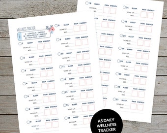 May include: A printable A5 daily wellness tracker with a blue and white floral design. The tracker includes sections for sleep, pain, and energy levels. The tracker is designed to help users track their daily wellness.