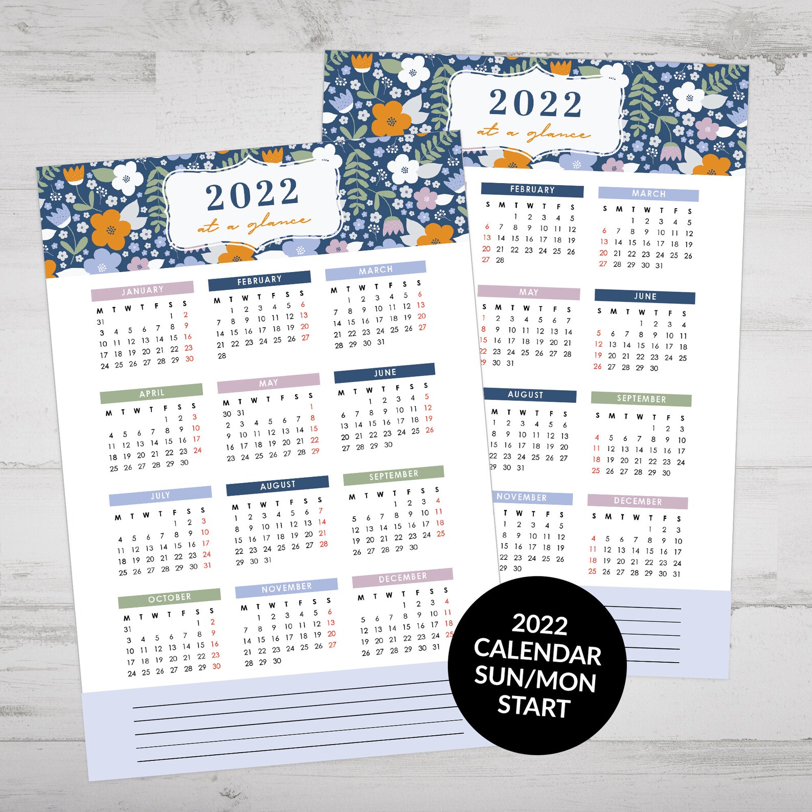 printable 2022 calendar 2022 at a glance a5 yearly calendar etsy