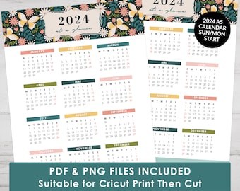 Printable 2024 Calendar, A5 Size, Yearly Calendar for Journal or Planner, Year At A Glance Calendar, Suitable for Cricut Print Then Cut