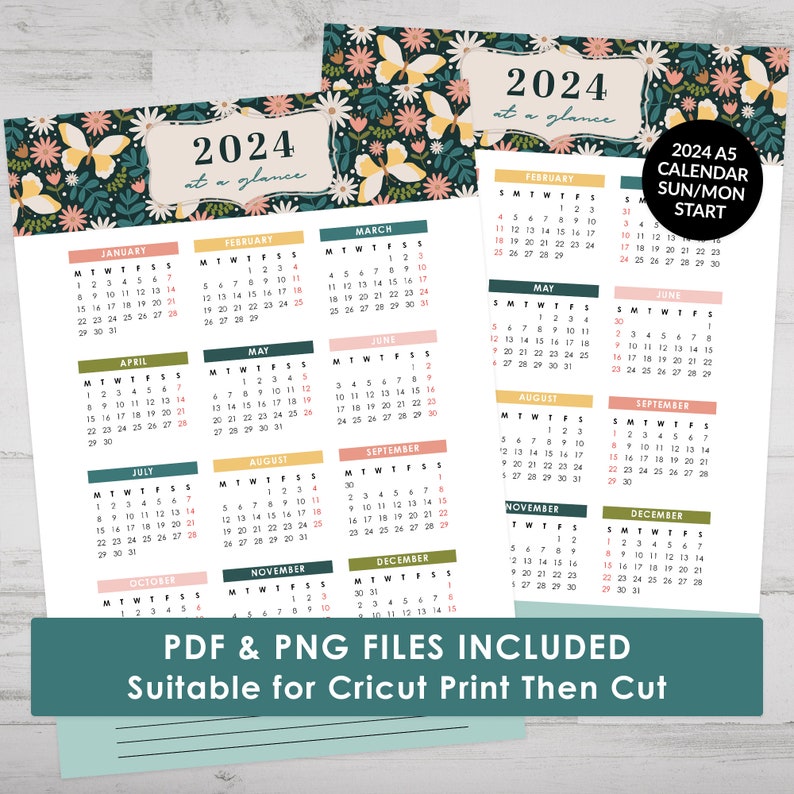 Printable 2024 Calendar A5 Size Yearly Calendar for Journal Etsy