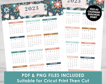 Printable 2023 Calendar, A5 Size, Ideal for Journal or Planner, Year At A Glance Calendar, Suitable for Cricut Print Then Cut