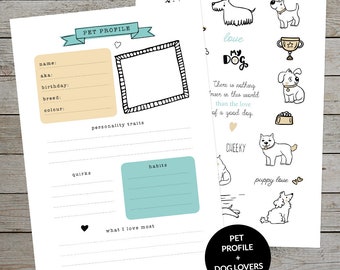 May include: A printable pet profile page with a black and white photo frame, a heart, and the text "PET PROFILE". The page also includes sections for the pet's name, aka, birthday, breed, color, personality traits, quirks, habits, and what the owner loves most about their pet. The page also includes a section for dog lovers with the text "love my dog" and "There is nothing truer in this world than the love of a good dog".