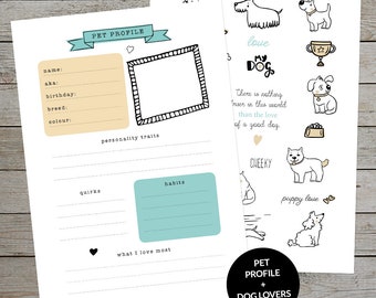 Printable Dog Journal Collection - Pet Profile Page - Dog Journal Page - Dog Printable Stickers - Journal Template - Pet Tracker