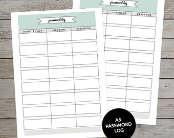 Printable Password Log - Journal Password Tracker - Printable Planner Page - Printable Planner Insert