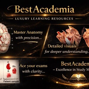 Op de afbeelding: Afbeelding met anatomie- en medische studiematerialen. Het bevat gedetailleerde beelden van de hersenen, het hart en bloedmonsters. De tekst bevat "BestAcademia" en "Luxury Learning Resources".