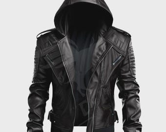 以下が含まれることがあります： 黒い革のフード付きジャケット。 ジャケットはジッパー開閉、複数のポケット、リブ編みの袖口が特徴です。 デザインには、キルティングの肩のディテールとフィットしたシルエットが含まれています。