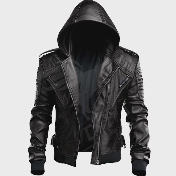 ジャケット・アウター Leather Hoodie Jacket Black(sizeL) Futuristic Black Leather Hoodie Jacket – Bold Style Meets Rugged