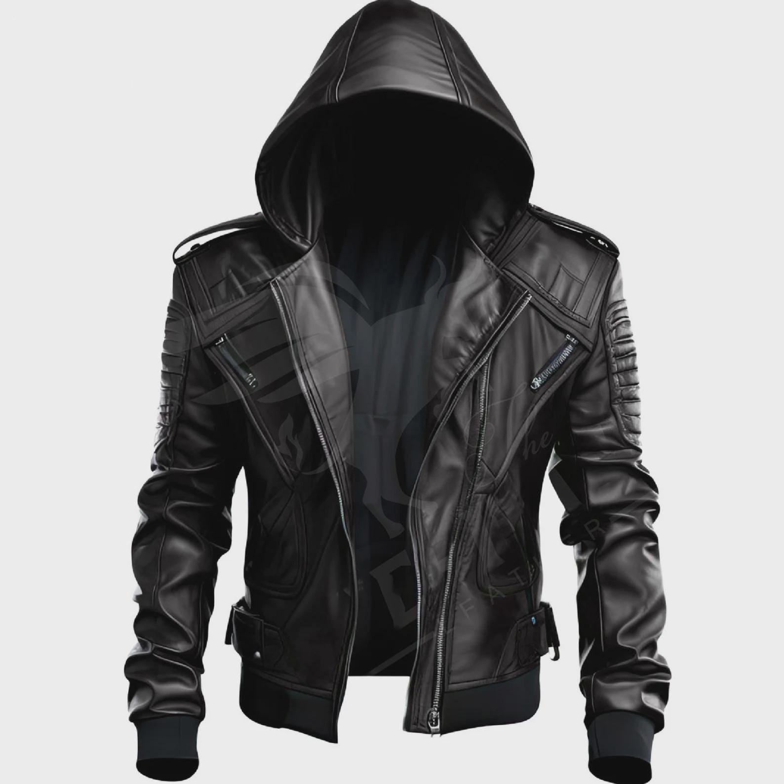 Futuristic Black Leather Hoodie Jacket – Bold Style Meets Rugged