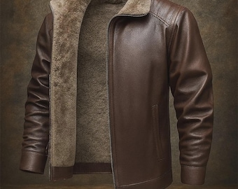 Chaqueta de aviador de invierno de piel de oveja marrón vintage para hombre, abrigo cálido