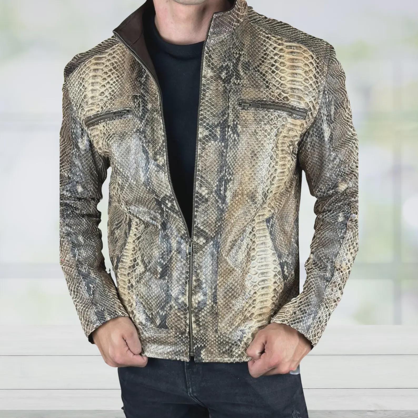 Men's Snakeskin Leather Jacket: Python Print, Zipper Pockets - Etsy